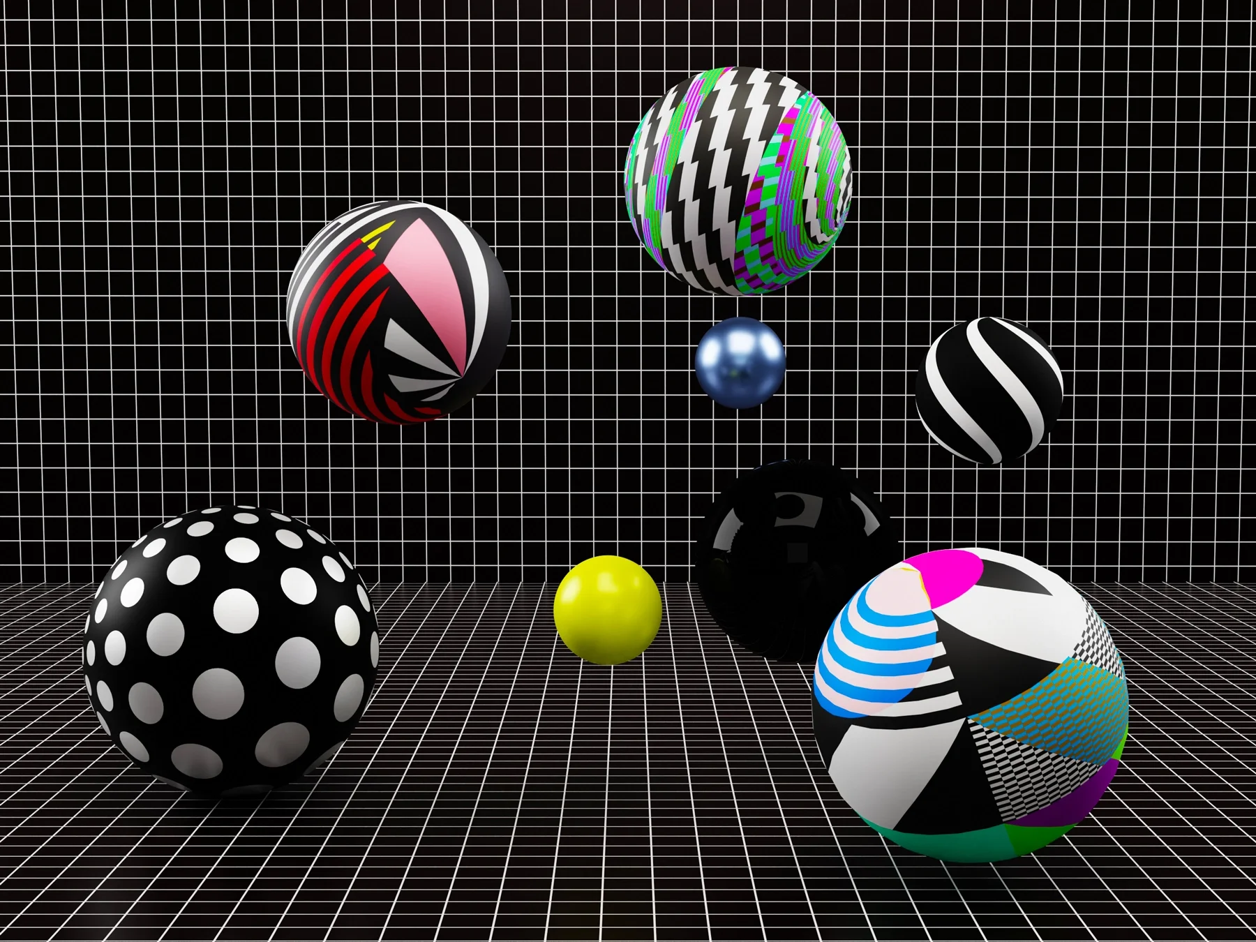 3D-graphic-visual 3d project and graphic universe representing balloons made of different materials with graphic patterns