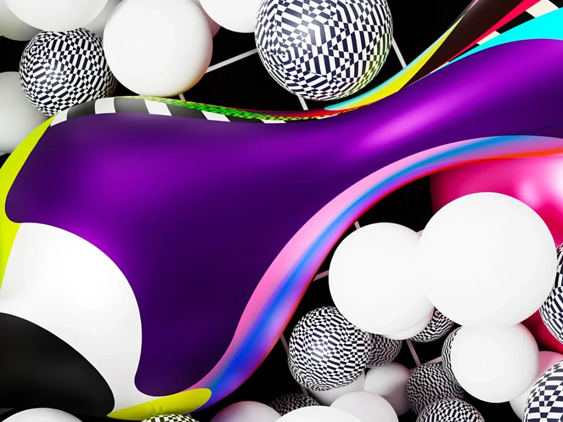 Graphic universe created in 3D with colors, patterns and abstracts sculptures