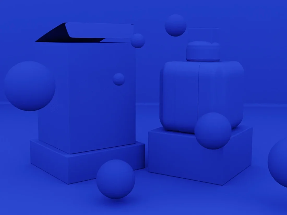 3D visual of cosmetics and perfume boxes in blue
