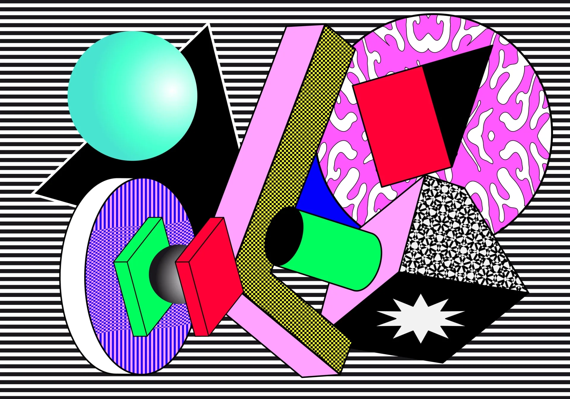 Vector illustration composed of perspective shapes with bright colors and graphic patterns