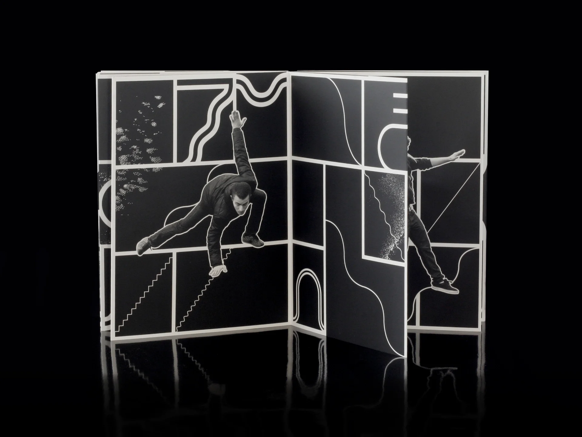 Art book with graphic lines incorporating characters