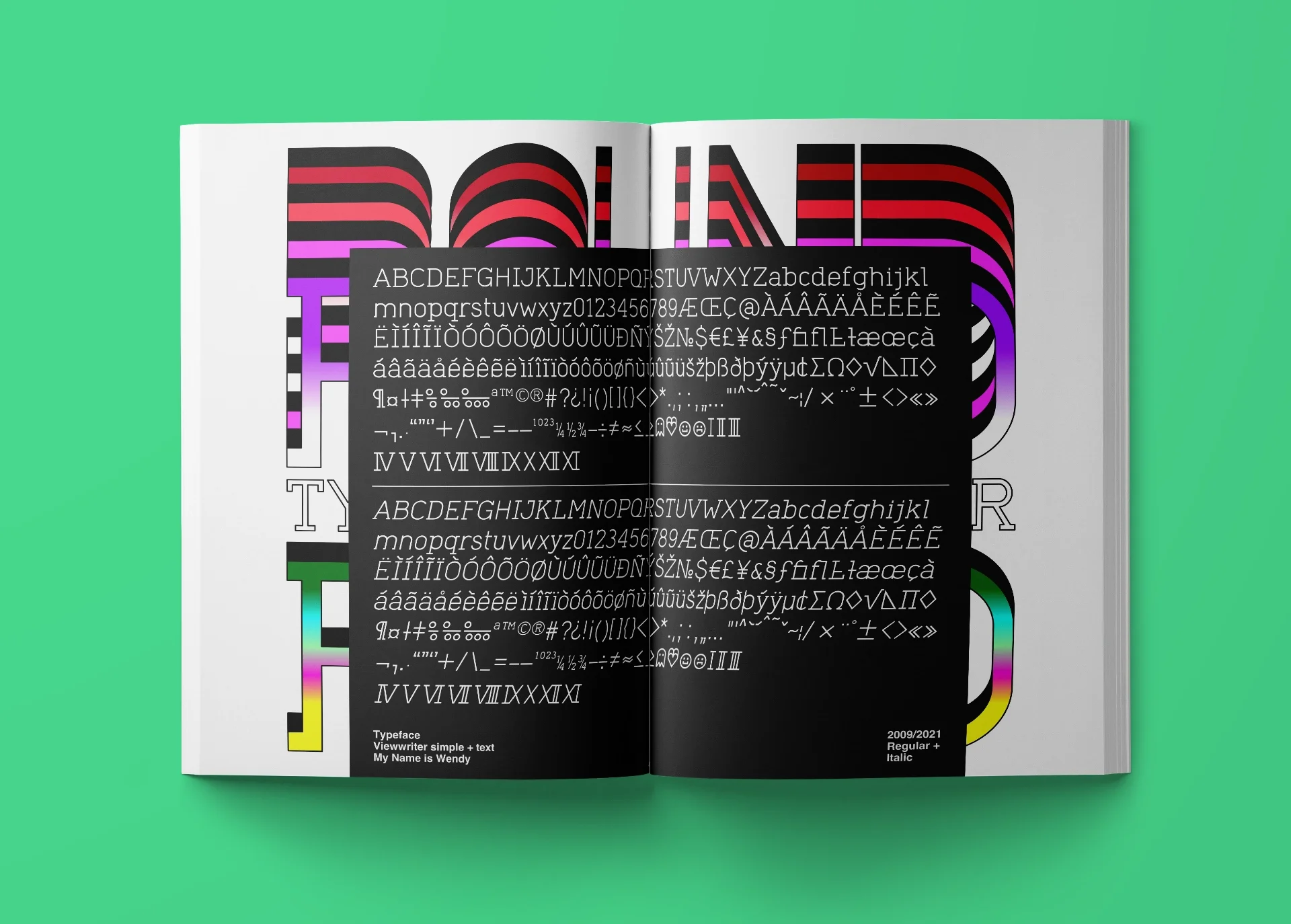 Inside page of a book with colored typographic composition and texts on green background