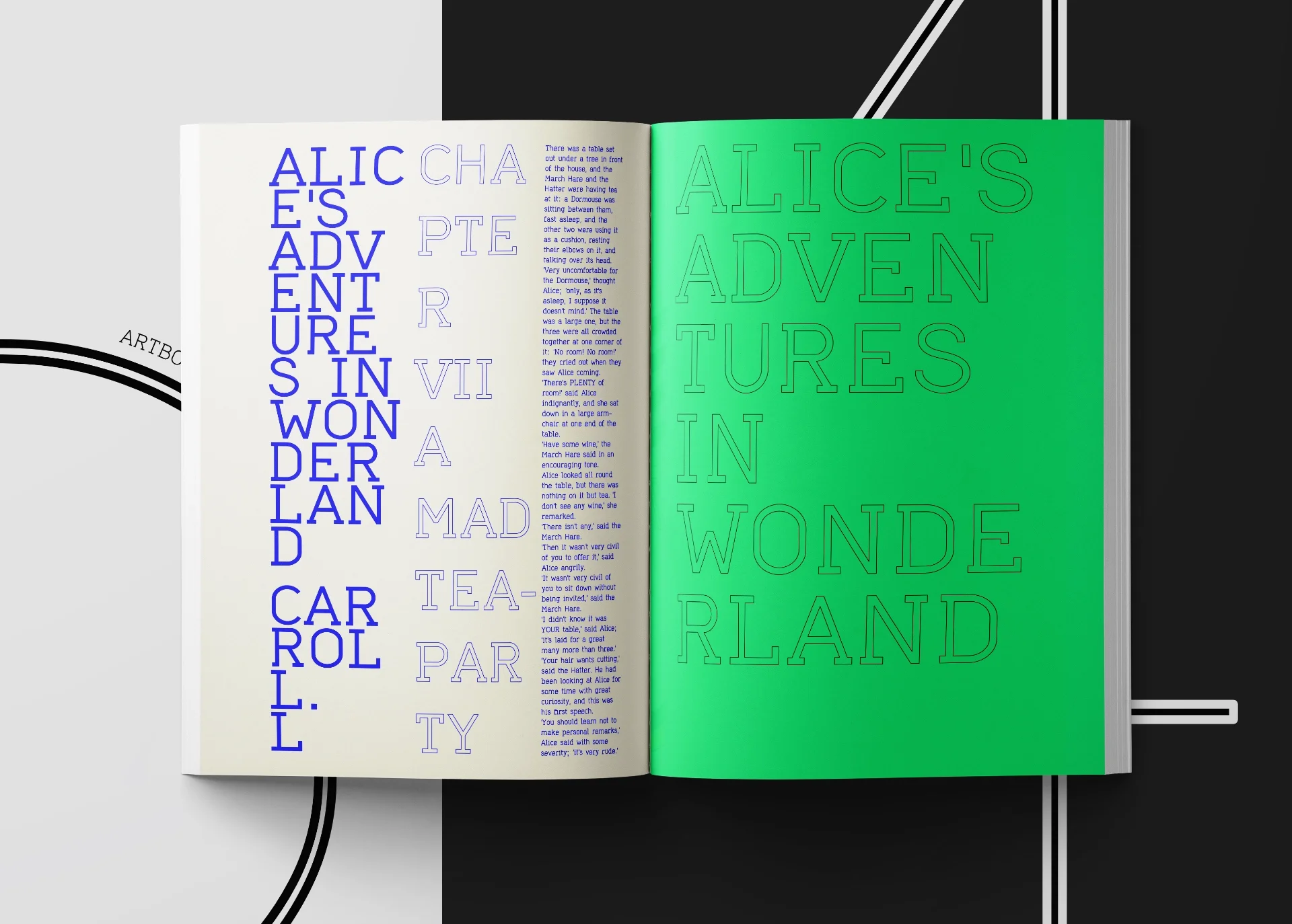 Double page with titles and texts in Viewwriter font