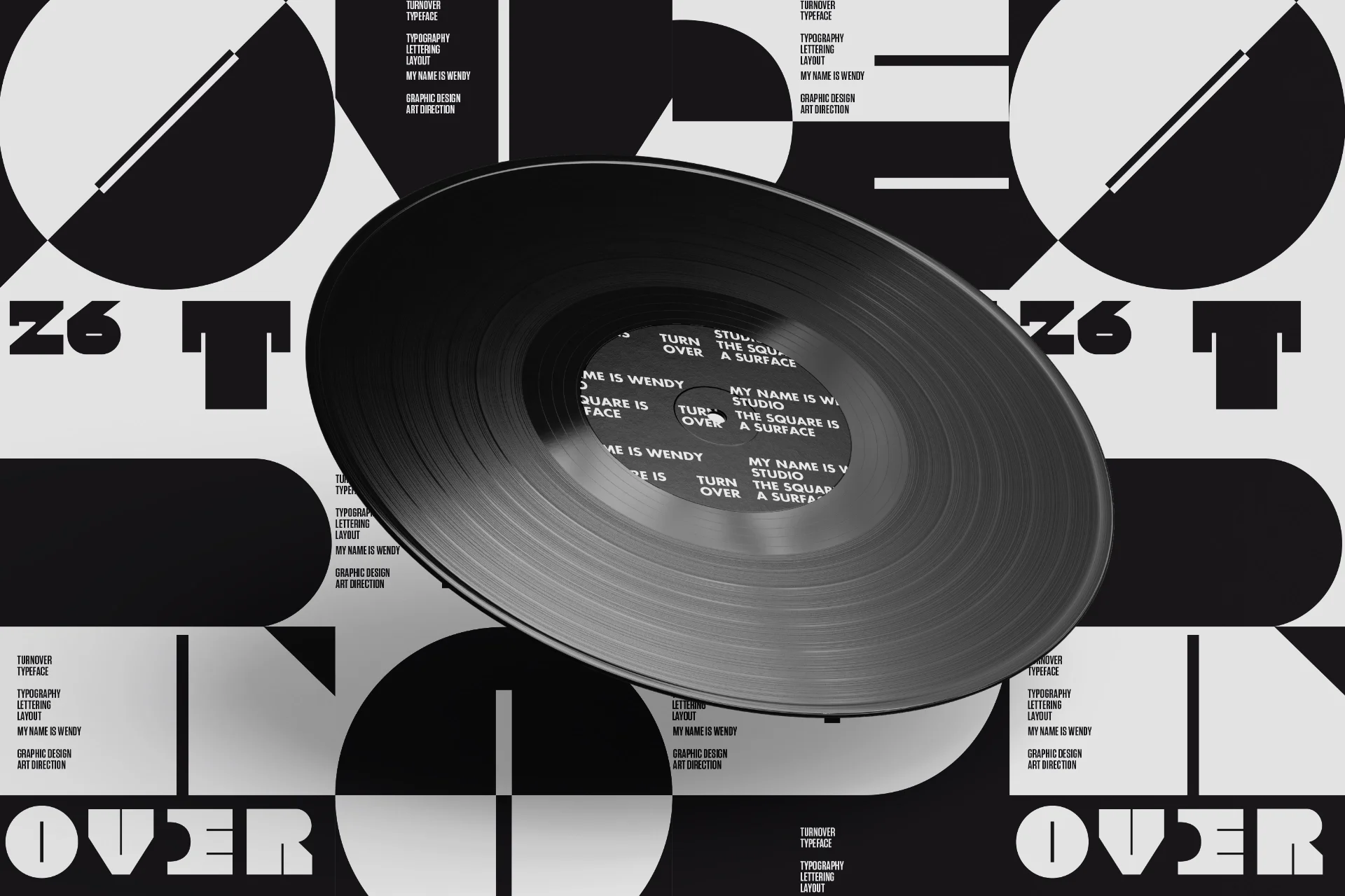 Get in touch image of Black and white typographic design with a floating vinyl record for the Turnover font project