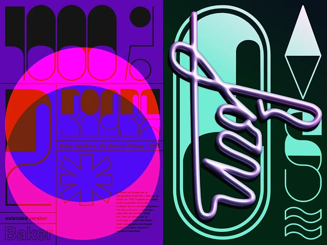 Layout and graphic composition created with the letters of the Baker font with colors