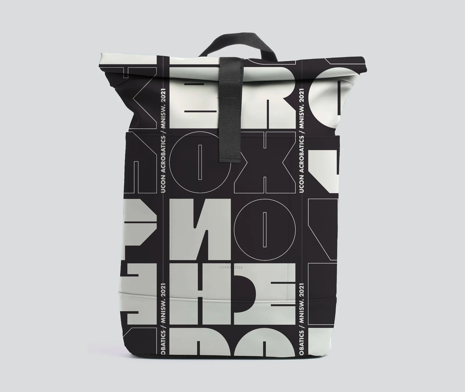 Backpack with a black and white pattern with lettering