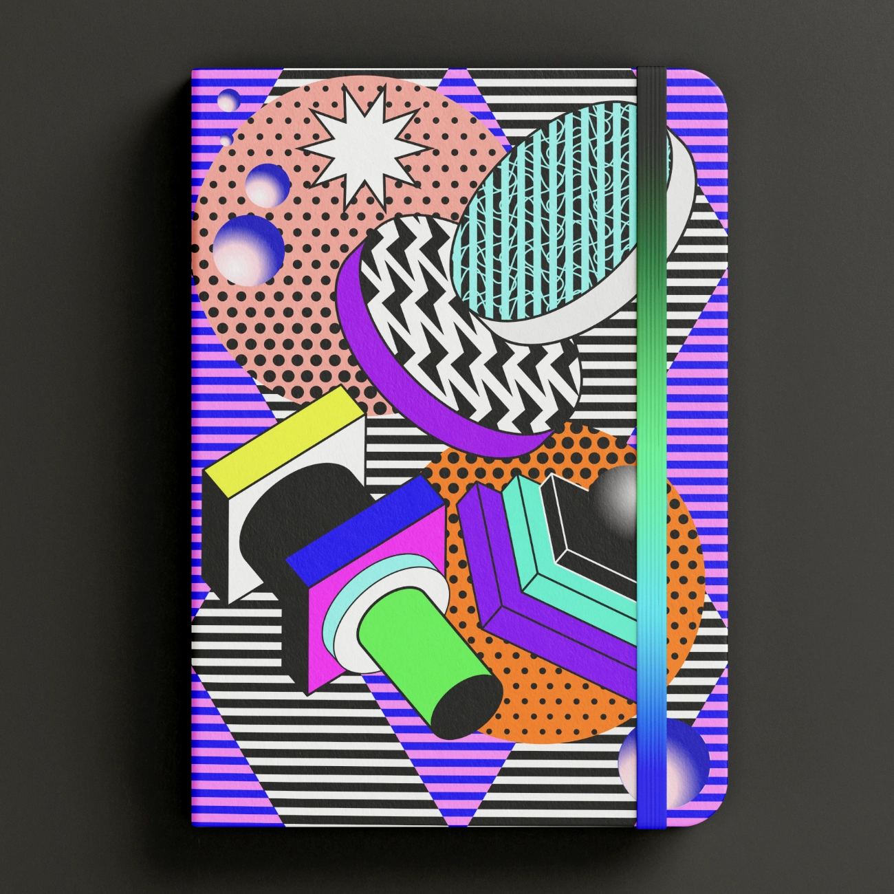 Notebook with an illustrated cover made of pop graphic shapes