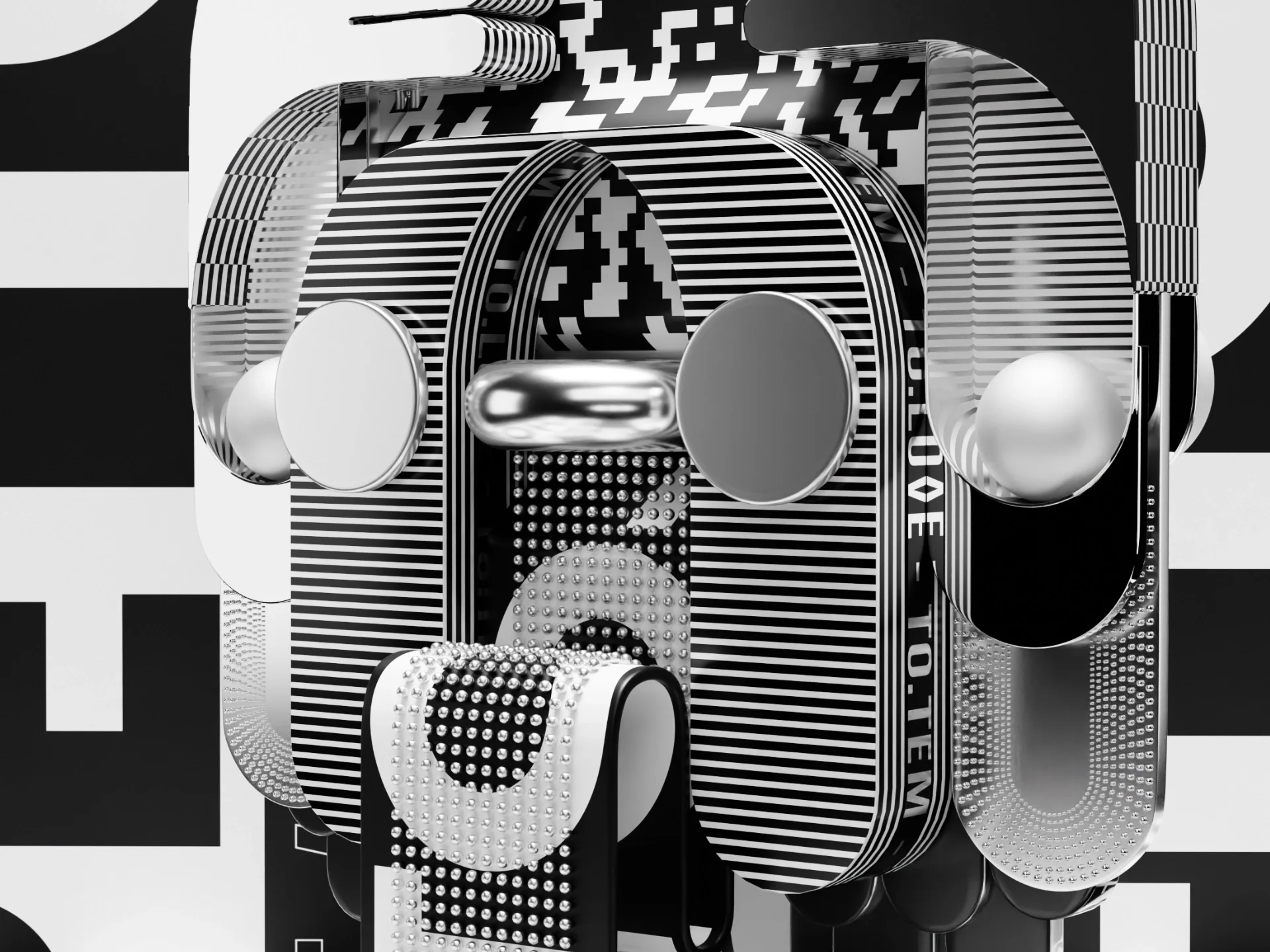 artwork and 3d sculpture made of black and white shapes and patterns