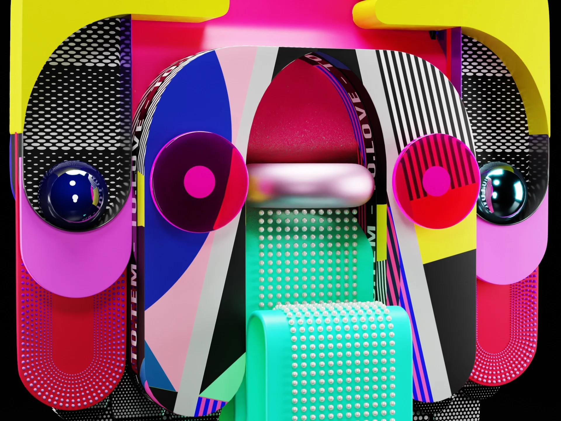 3D graphic sculpture and NFT with bright colors, beads and patterns