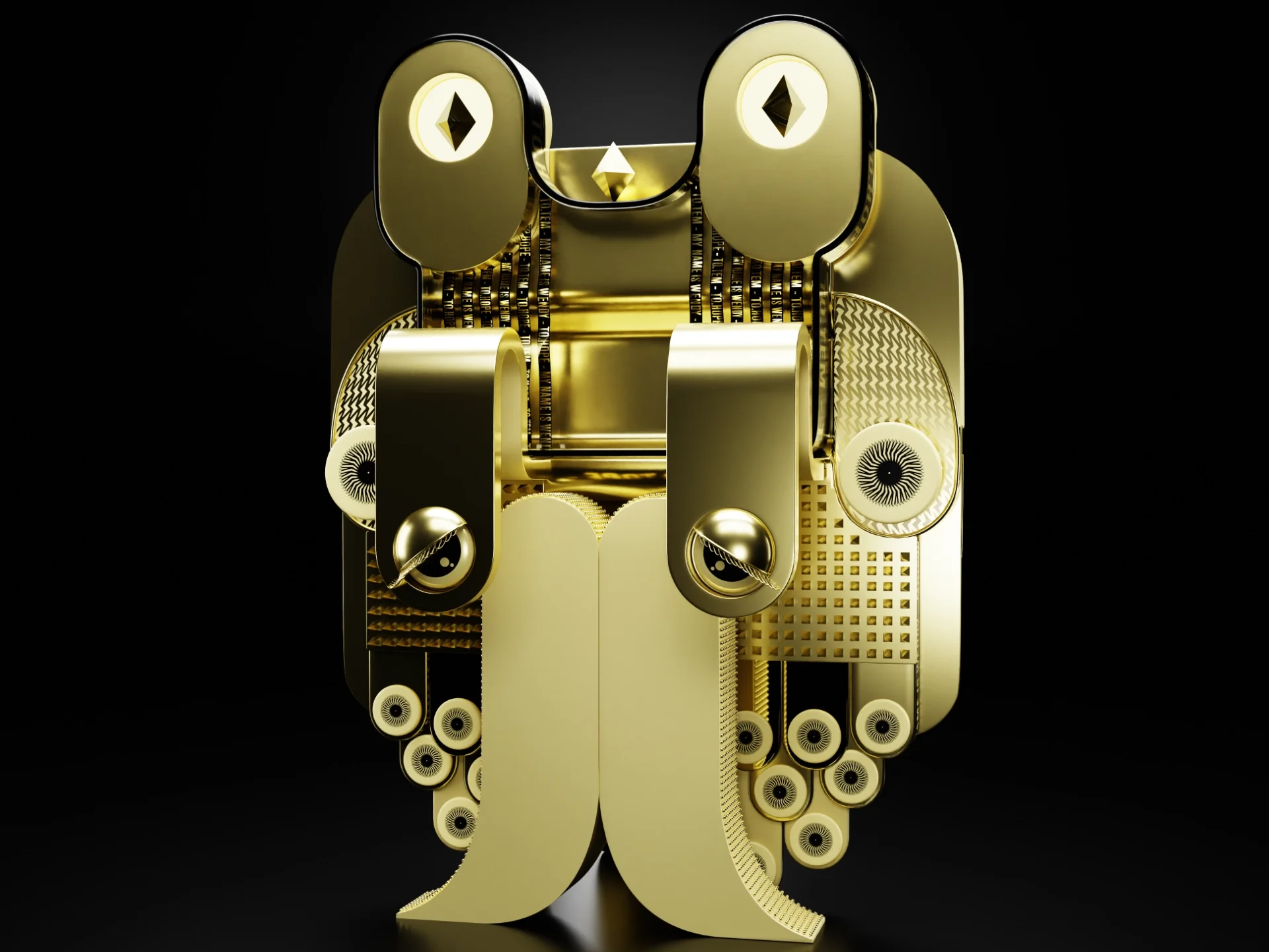 Creation in 3d of a sculpture representing a golden totem signed My Name is Wendy