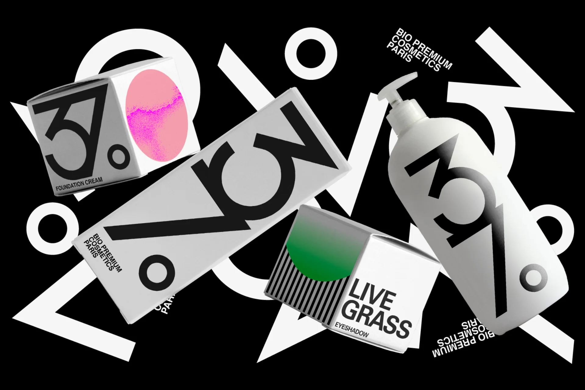 The visual is composed of two shots. The background is a black background with the repetition of the lettering of the cosmetic brand's logotype. The foreground represents cosmetic products such as lotions, creams and foundations. The products' packaging is suspended and flying in the space of the visual.