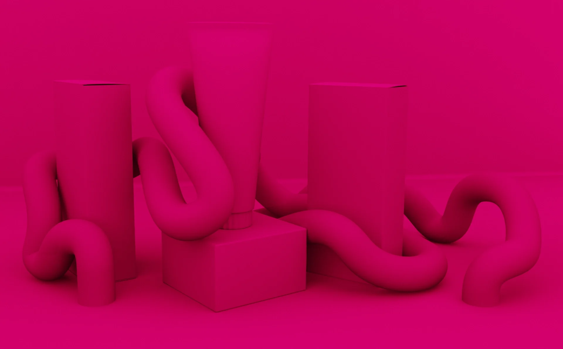 cosmeticsproduct-branding-graphicidentity 3D cosmetic products presented in pink in a decorative environment