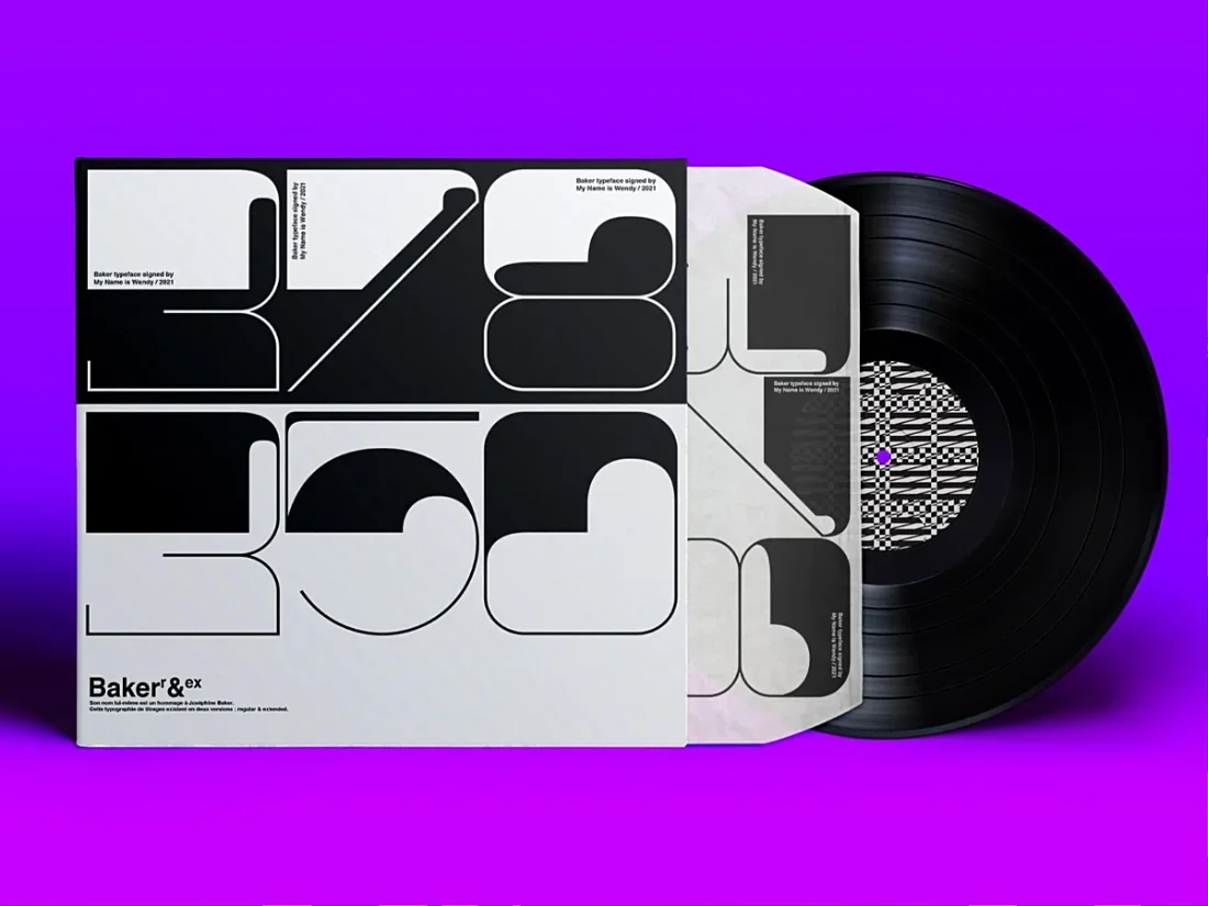 Presentation of a vinyl record sleeve on a purple background and the cover made of numbers in Baker font