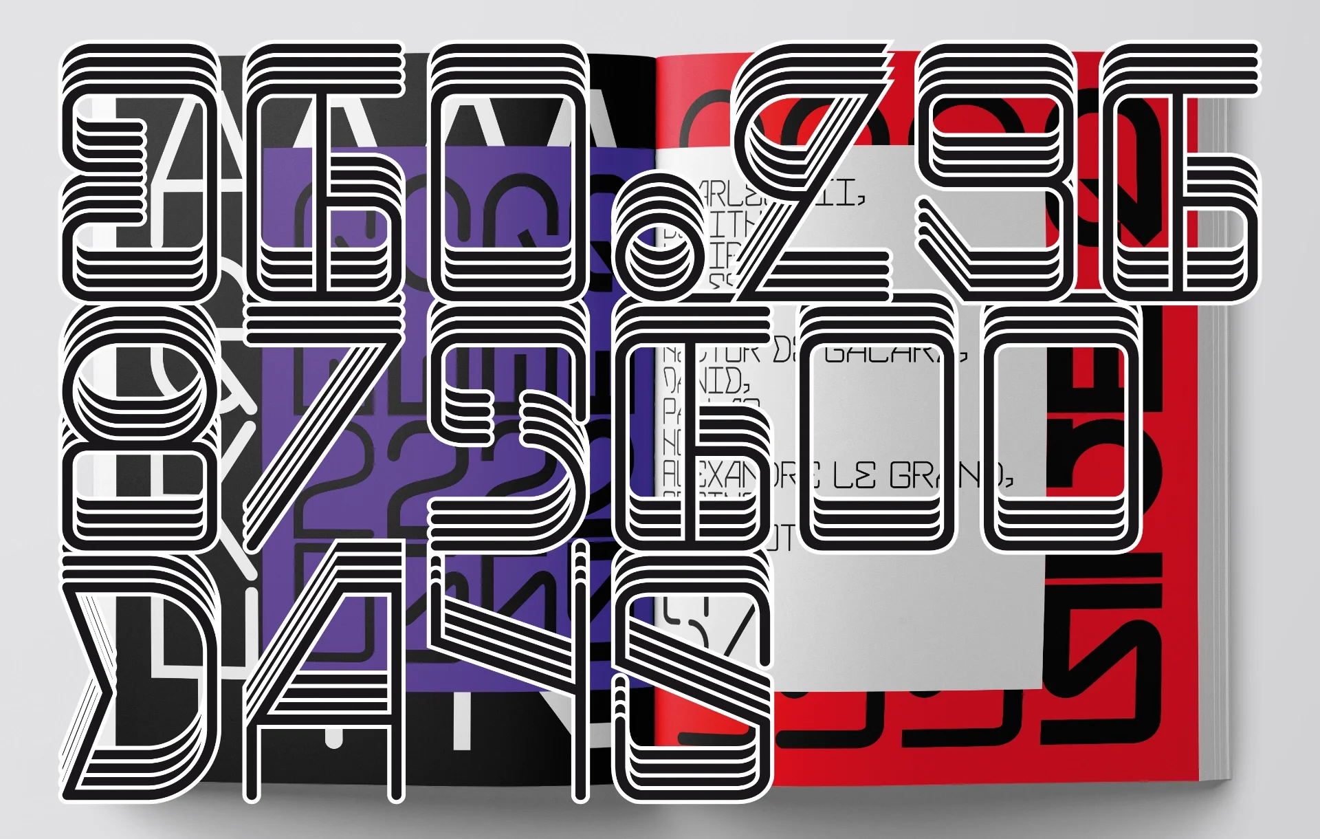 Graphic and typographic layout in an art book with a titling effect on top in Blackjack font