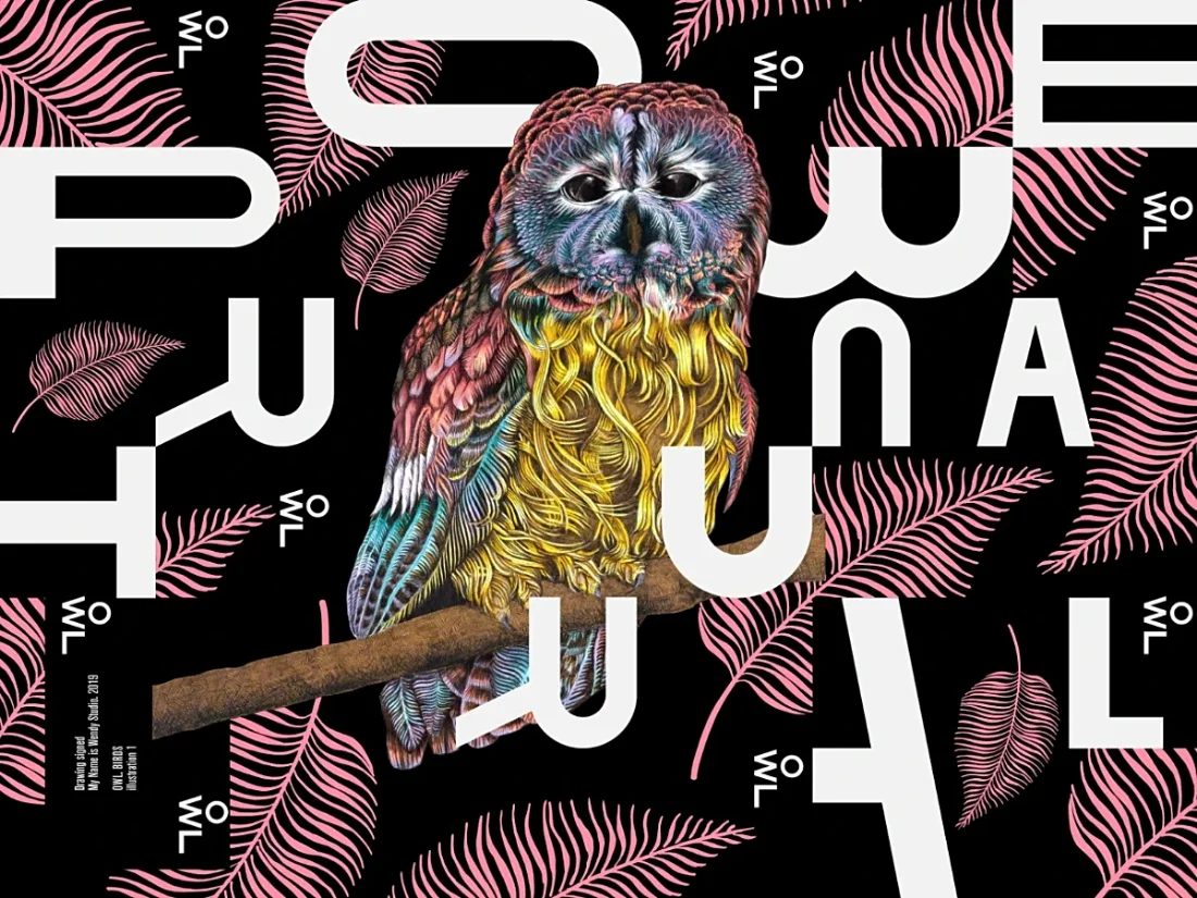 drawing, illustration repesenting a owl with colored feathers