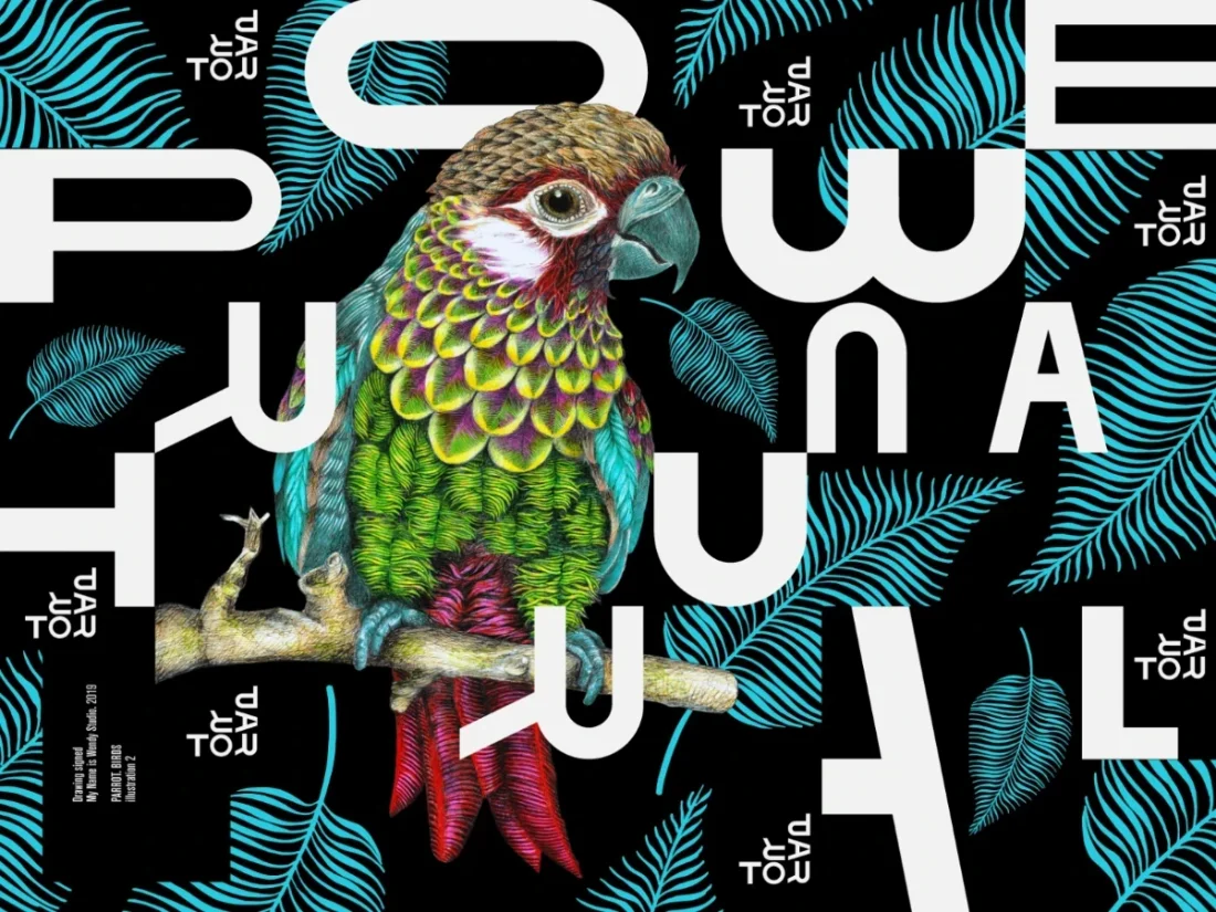 Illustration representing a parrot drawed on a typographic composition for decoration and fashion world