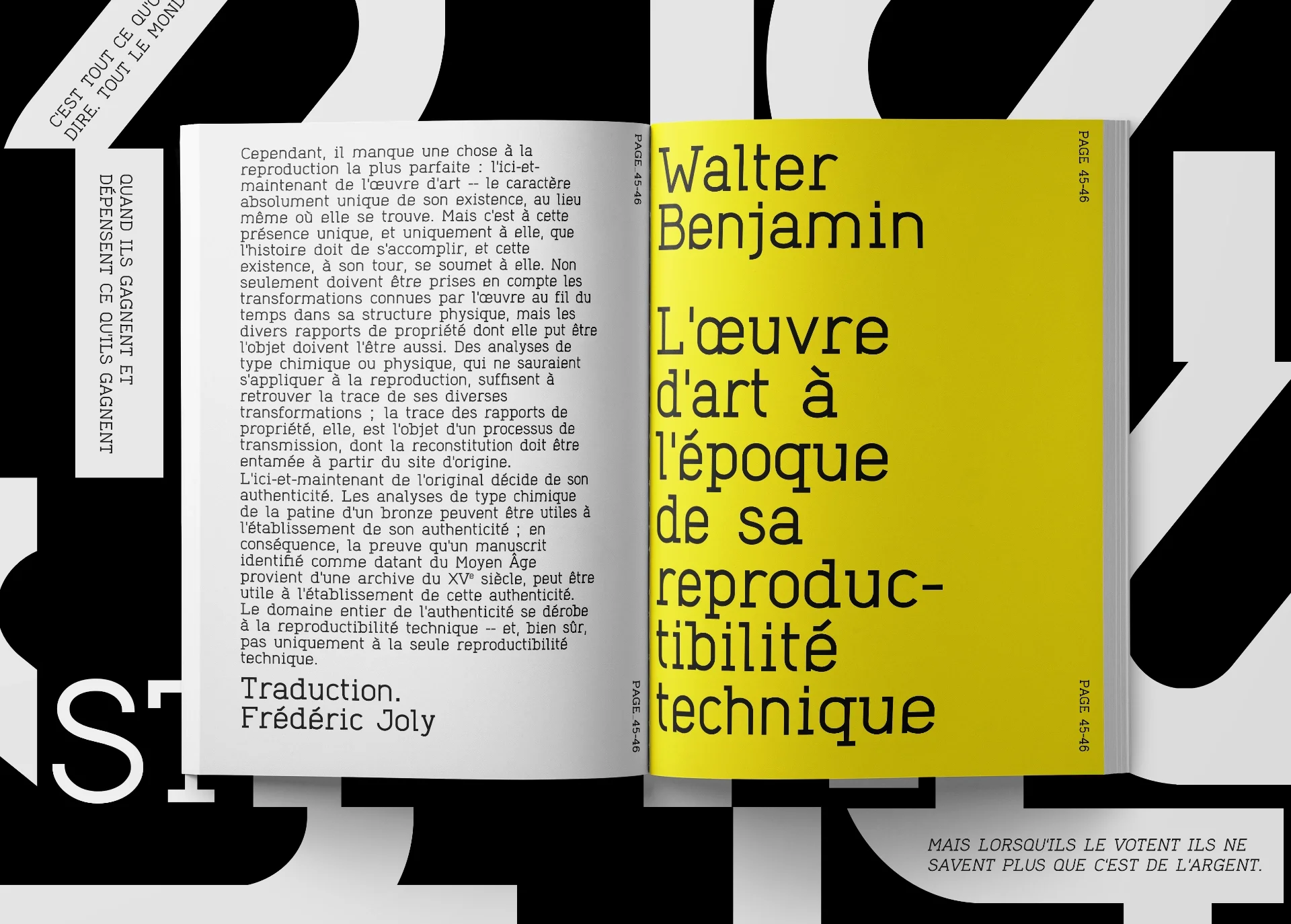 Double page of a book with white and yellow page and text using Viewwriter font
