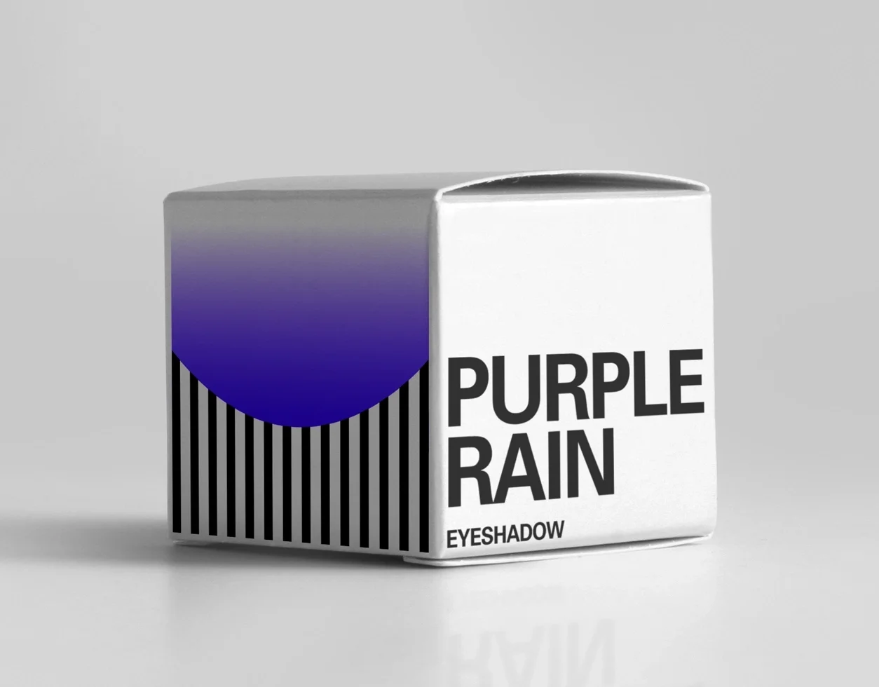 Packaging design for the purple eyeshadow with a graphic icon and the logo of the brand