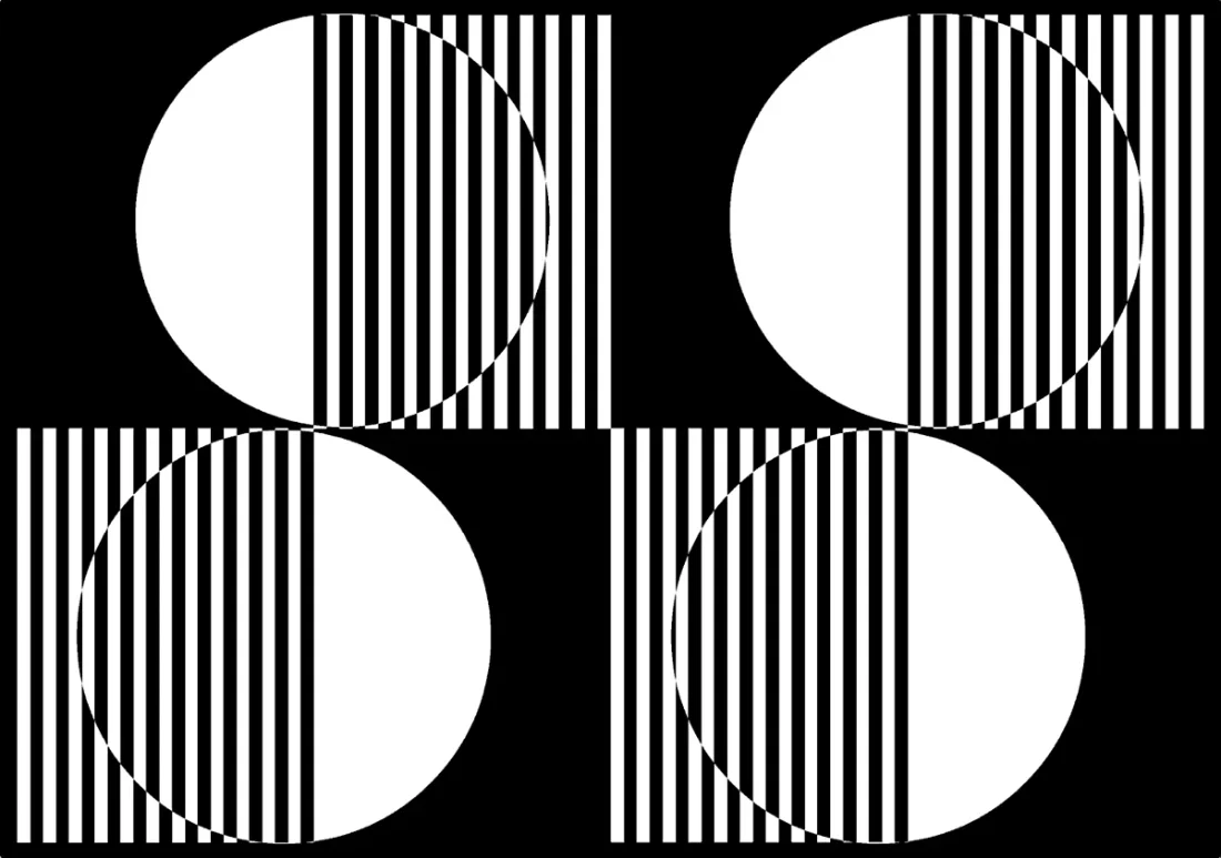 Motion graphic of circles passing behind black lines in negative