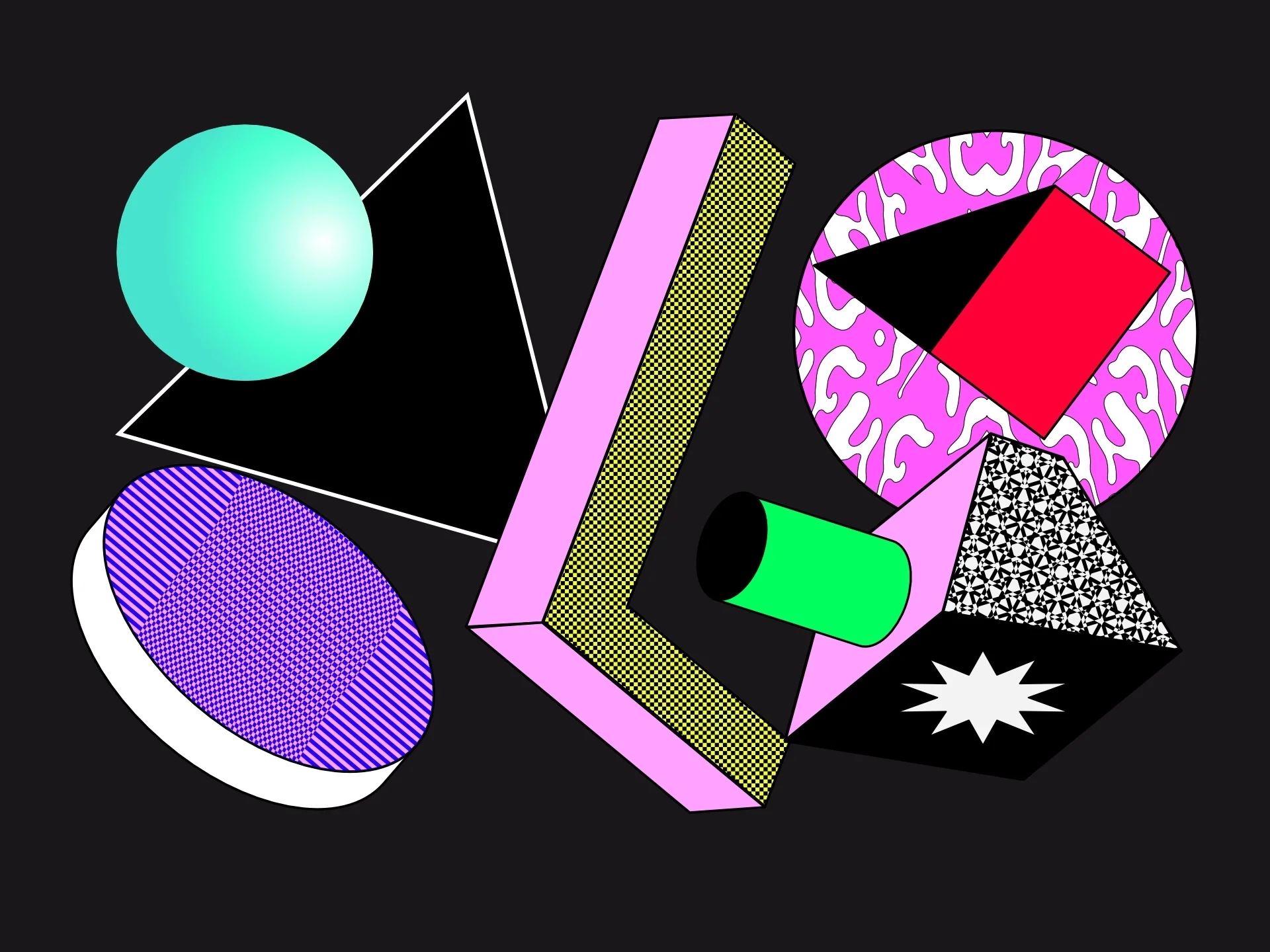 Seven graphic shapes in perspective with bright colors and patterns
