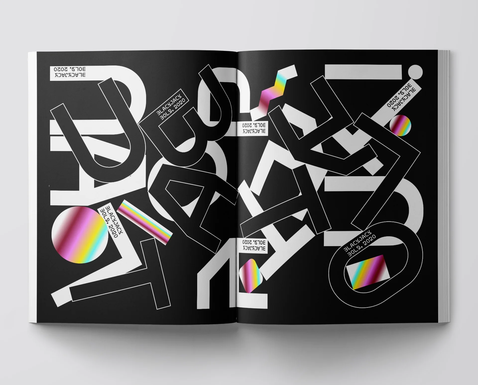 Double page with a visual composed of letters in all directions from the blackjack font