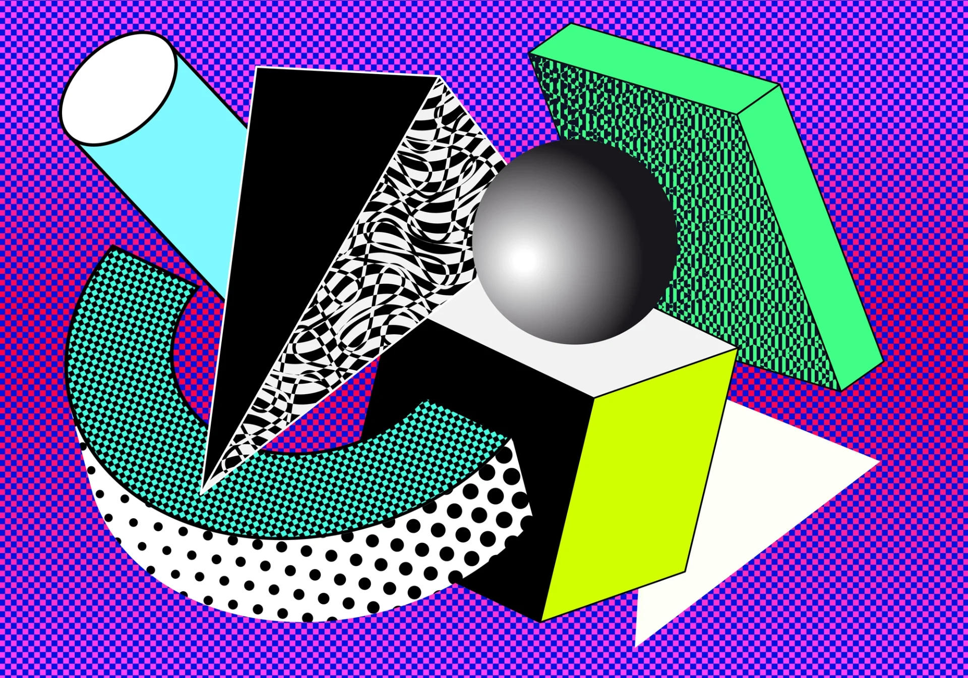 Geometric shapes with graphic patterns on a pixel background