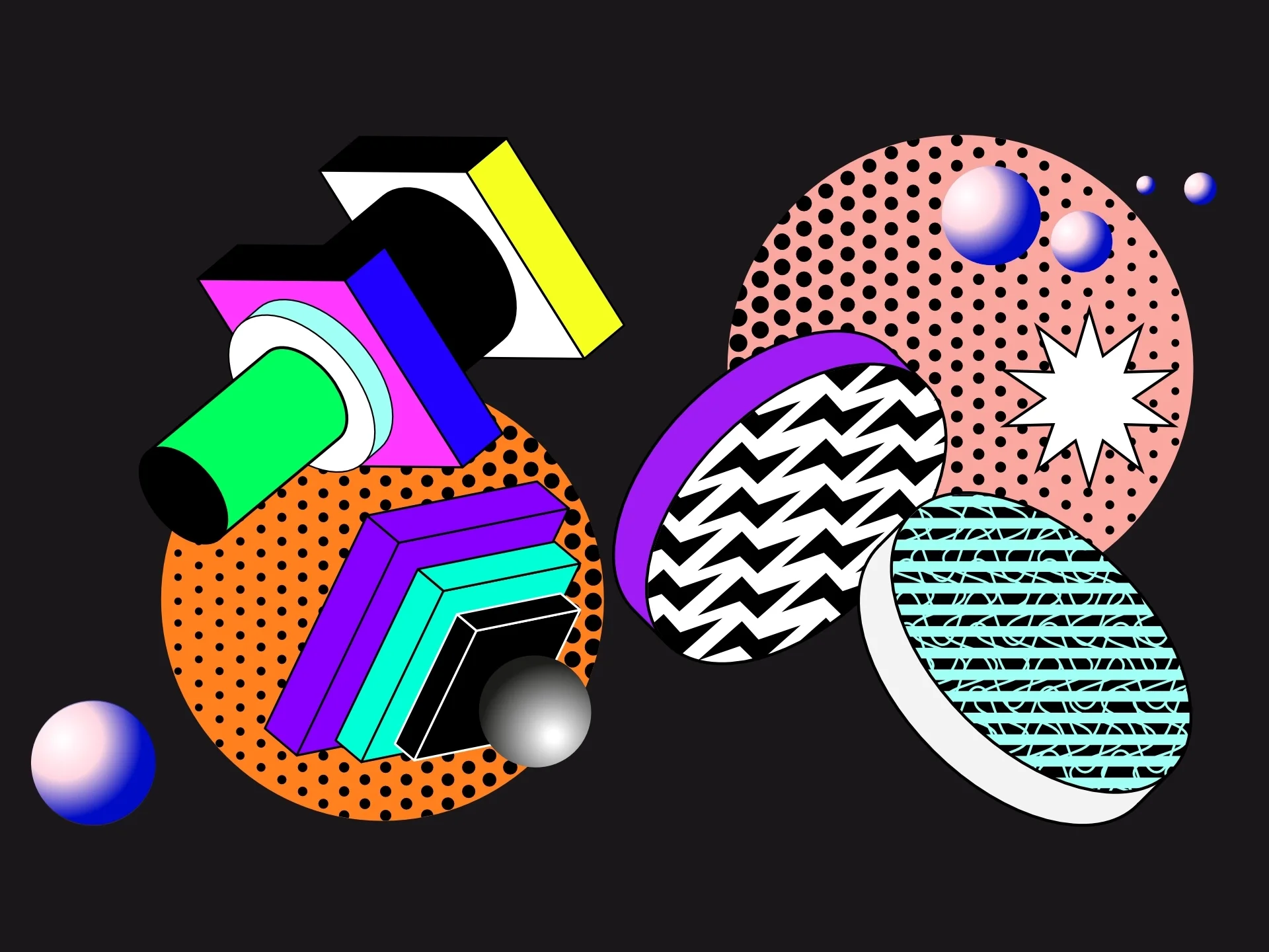 Geometric design and shapes covered with modern patterns with fluorescent colors and bright