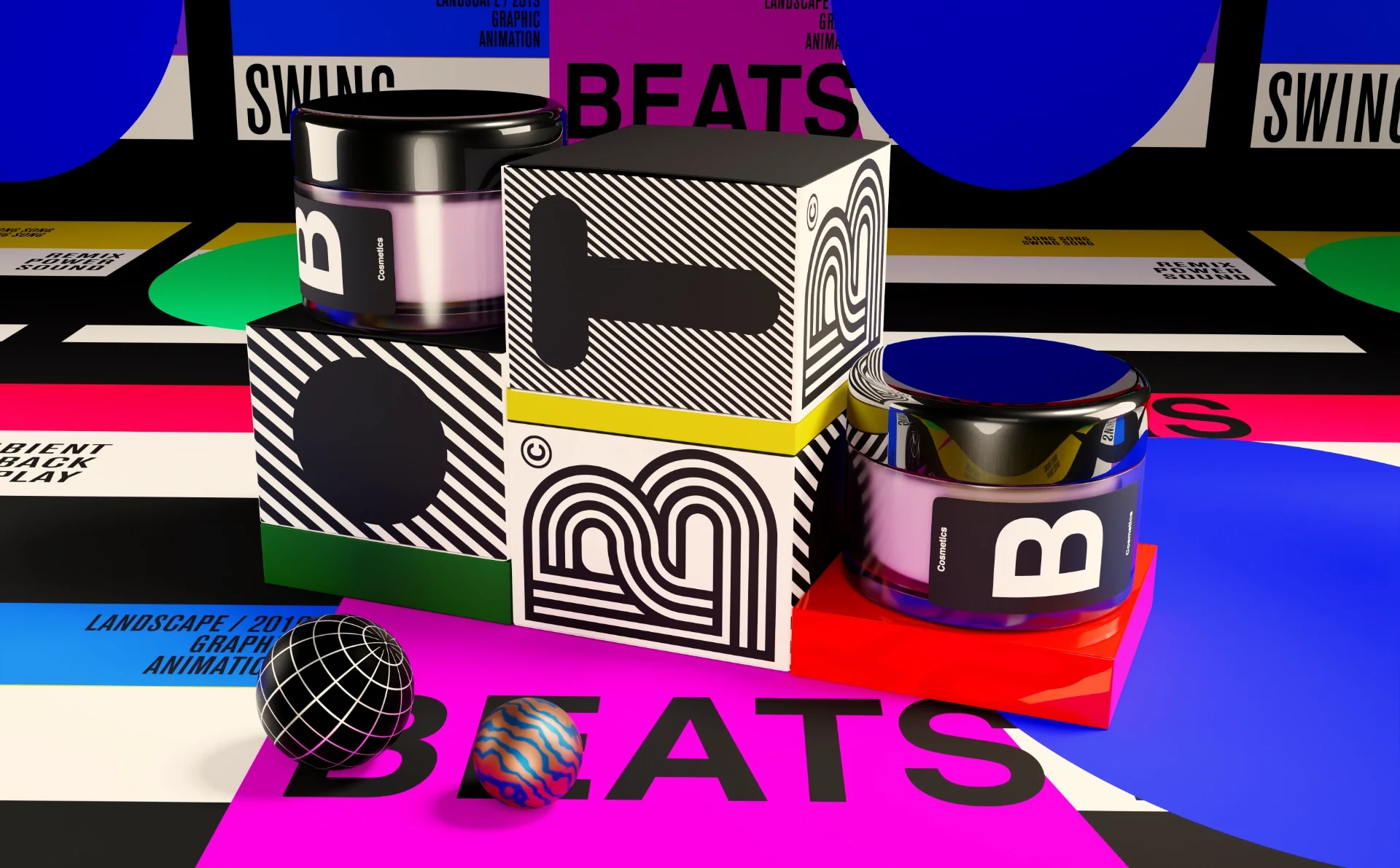 graphiccomposition-patterdesign-3Dvisual Cosmetic products, day cream, perfume for an organic beauty brand in 3D creation
