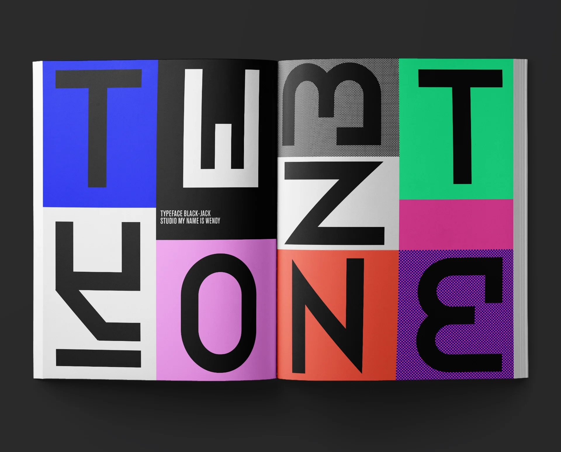 Graphic composition created with letters from the Blackjack font printed in an art book