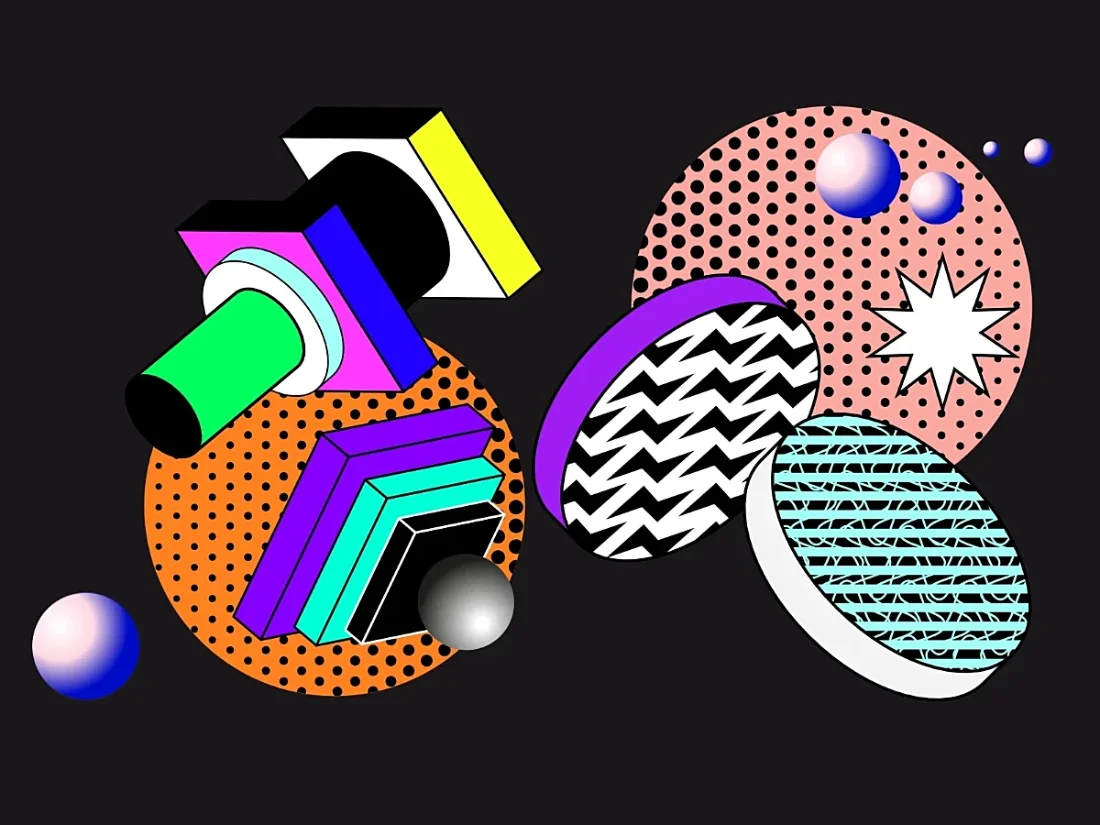 Geometrical shapes covered with modern patterns with fluorescent colors and bright