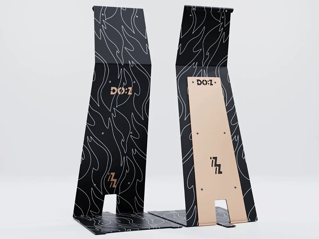 2 models of black Doz with a graphic wave pattern and a copper back with inlaid logo