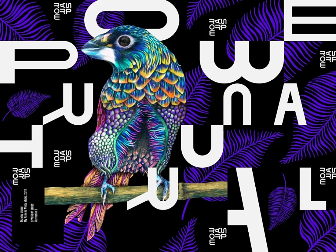 Illustration representing a sparrow drawed on a typographic composition for decoration and fashion world
