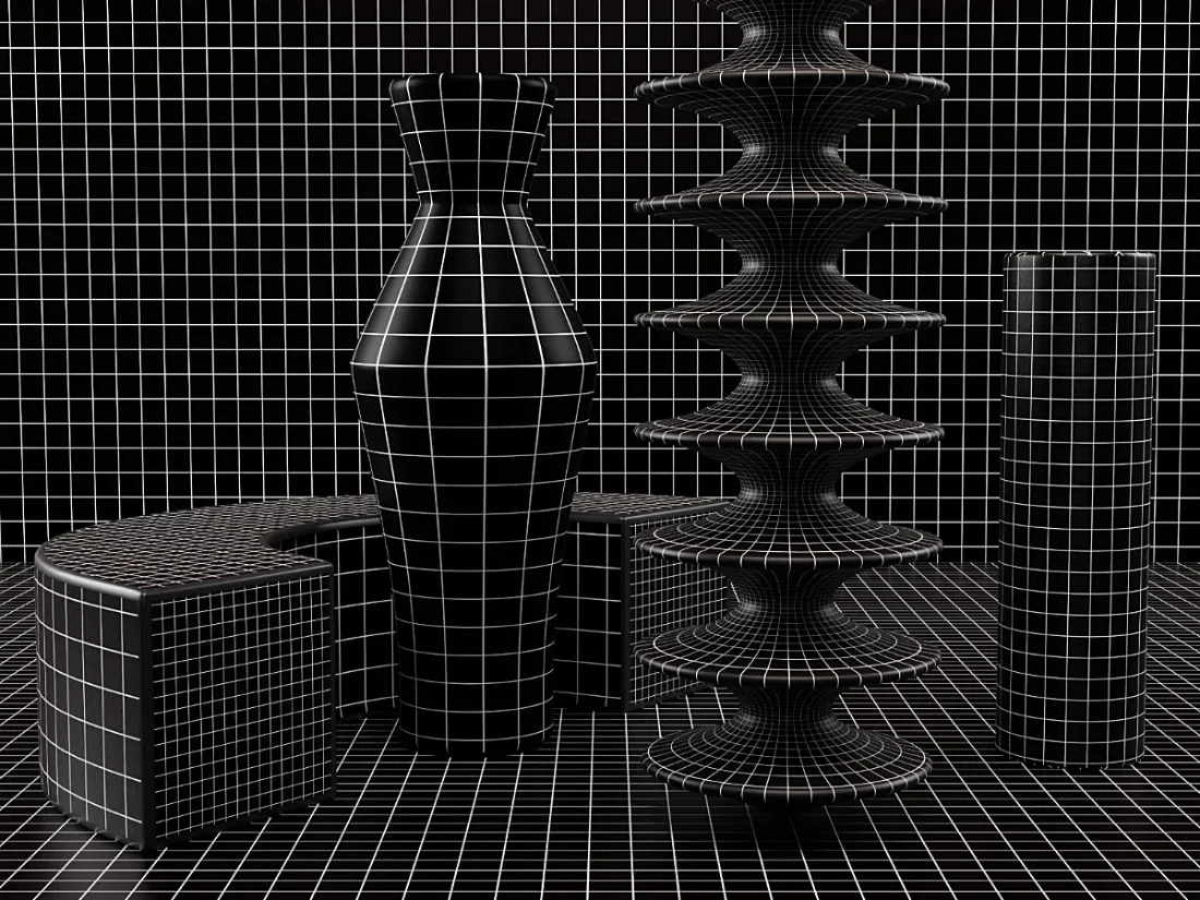 Visual art composed of abstract sculptures like vases or furniture