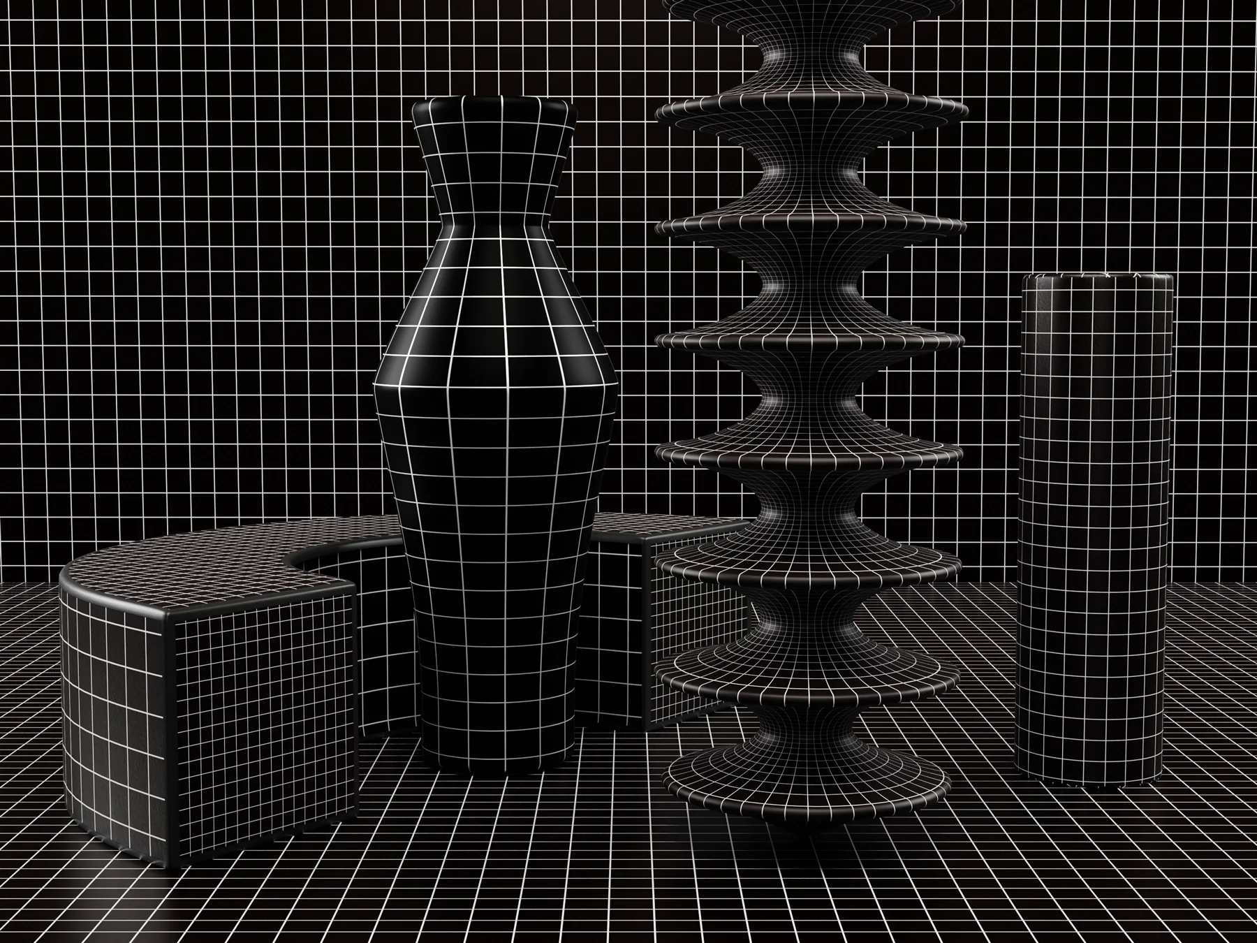 minimalism-3D-grid Visual art composed of abstract sculptures like vases or furniture