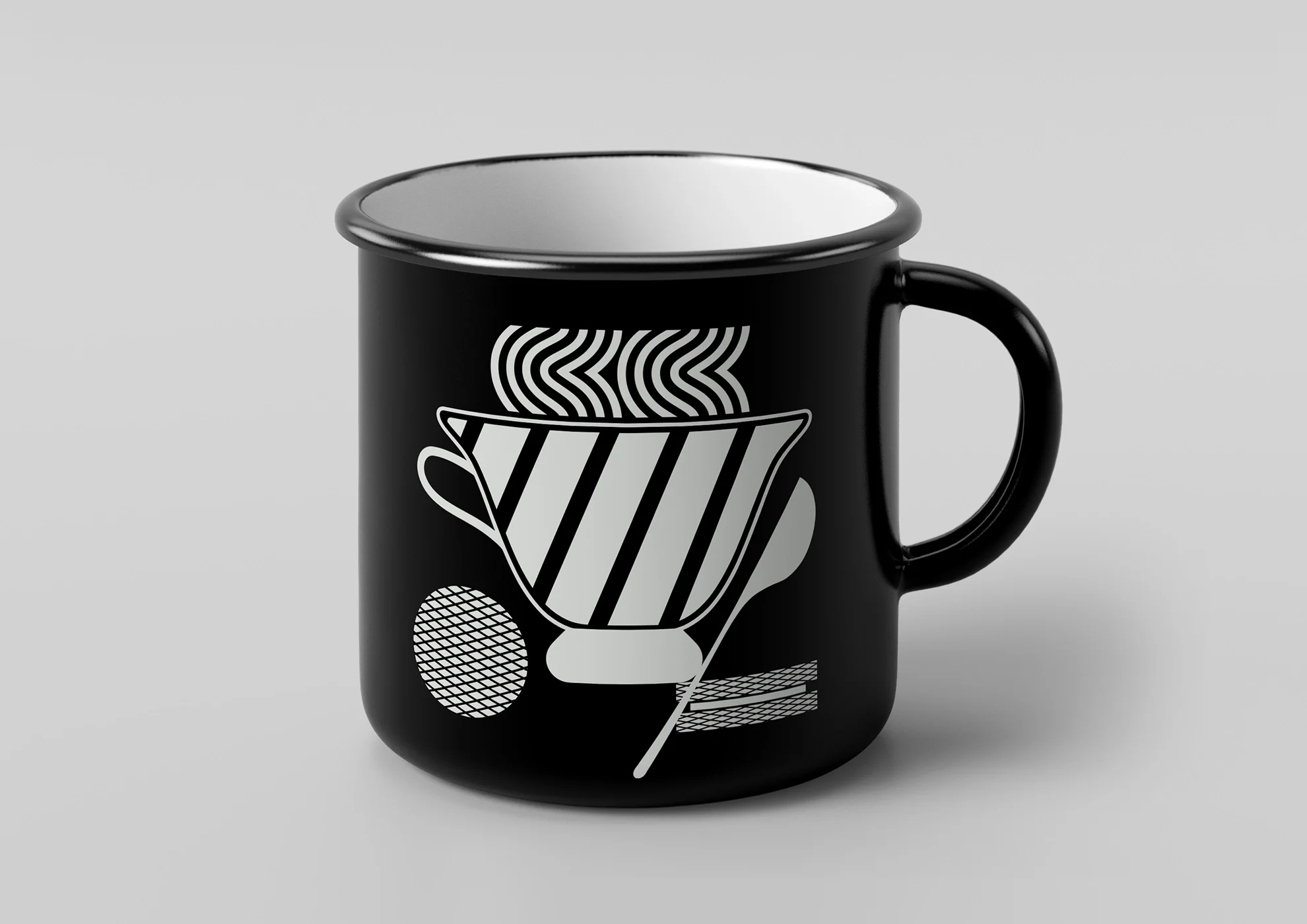 Enamel cup with a graphic icon for a coffee brand