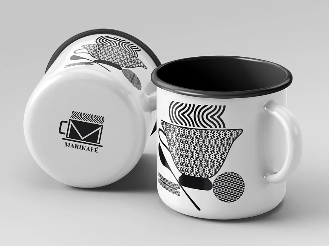 2 enamel cups with the logo and graphic design of the Marikafé brand