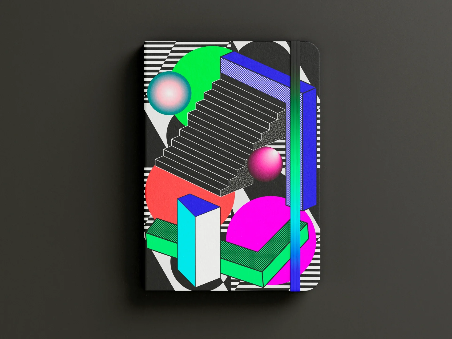 Graphic cover, geometric shapes on a striped background for a notebook