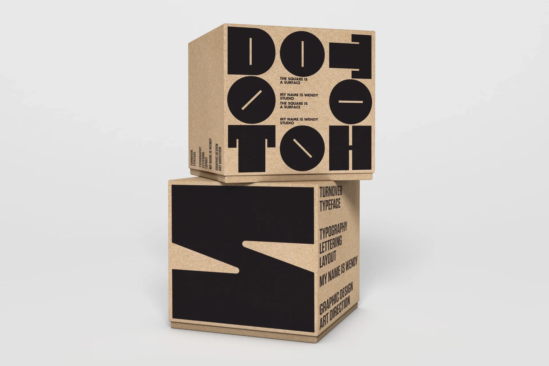 Packaging design and cardboard box using Turnover typography