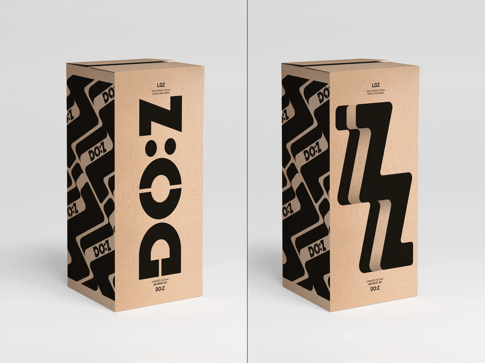 Two cardboard boxes with a logo, an icon and a pattern for a contemporary furniture