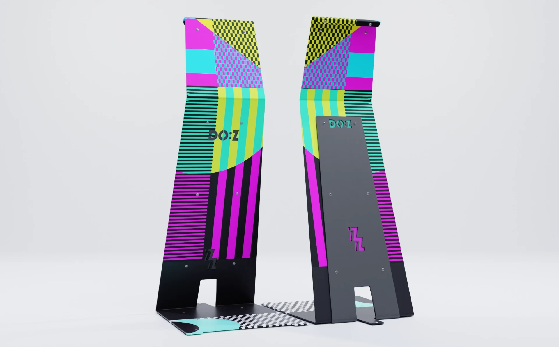 2 chairs with a colorful pattern created for the collection identity