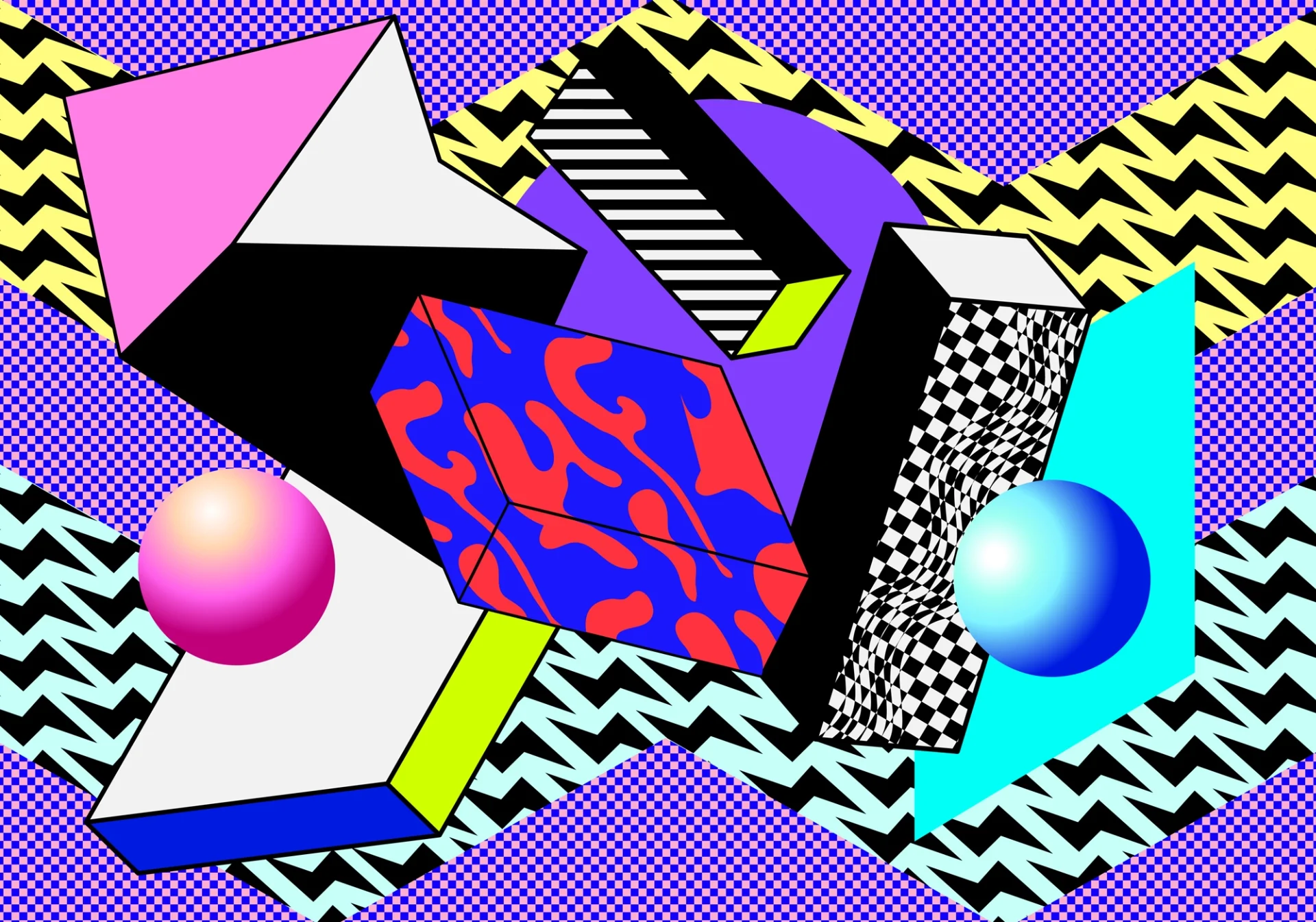 Graphic design with perspective shapes with patterns