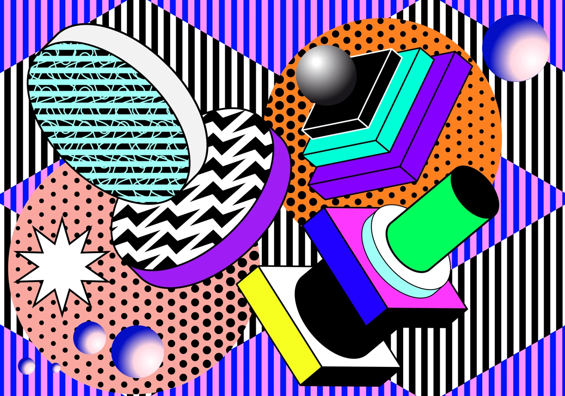 Vector illustration and graphic forms evoking the aesthetics of the 80s