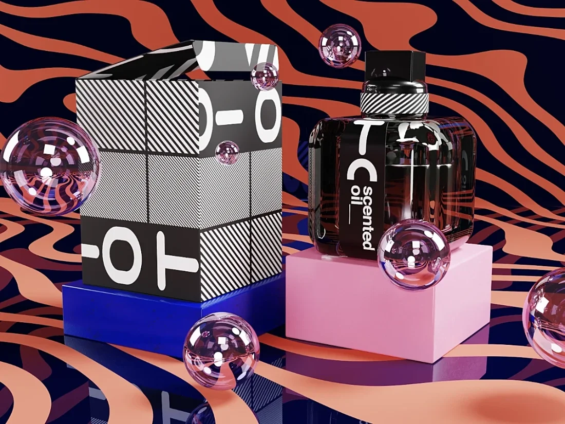Graphic visual in 3d presenting a bottle of perfume in a decorative and modern universe