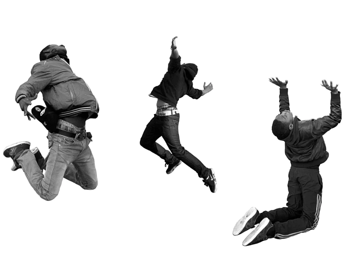 Photograph of people in different postures on a white background