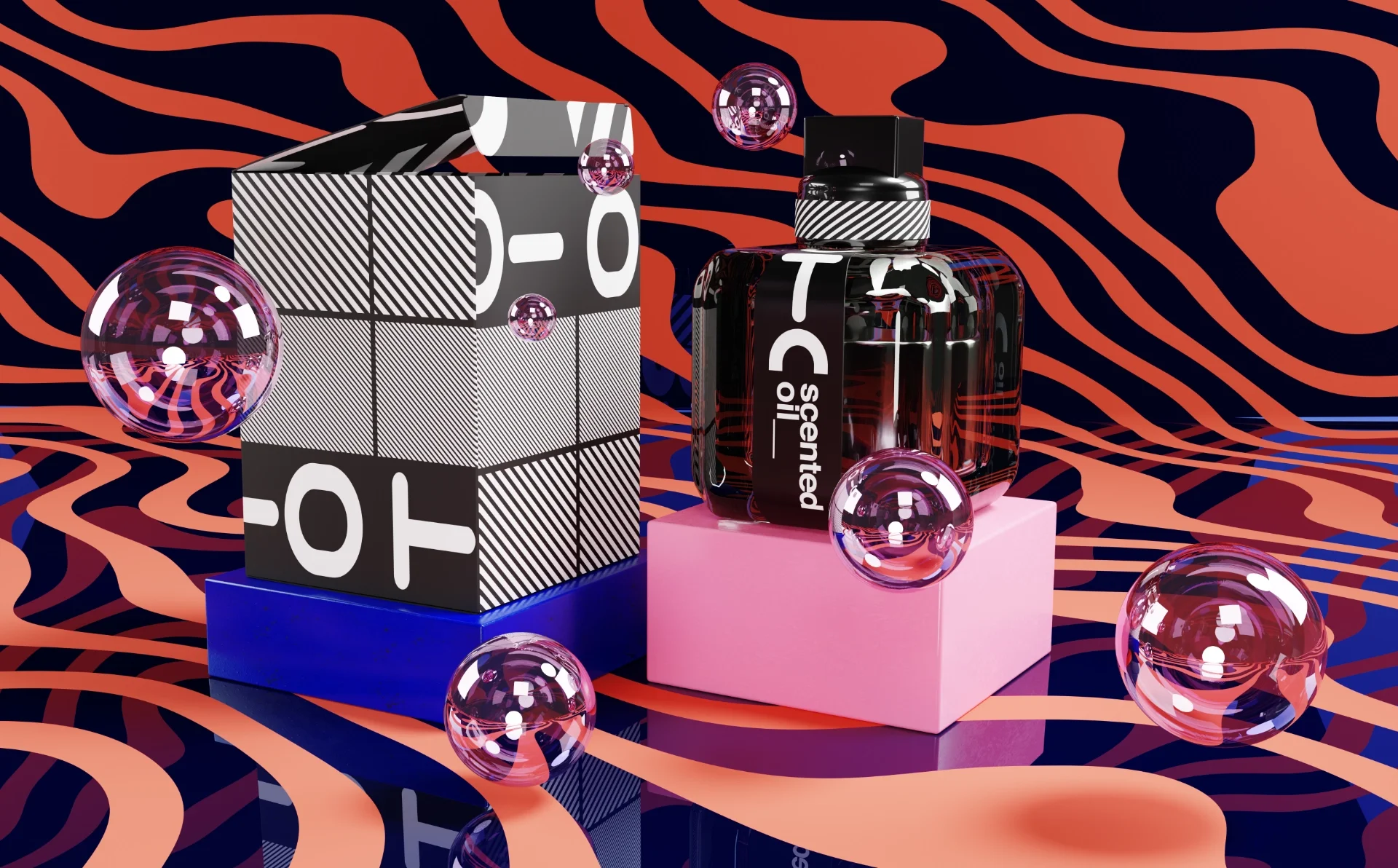 scentedoildesign-packagingdesign-logotype Cosmetics brand design presenting a bottle of perfume in a decorative and modern universe