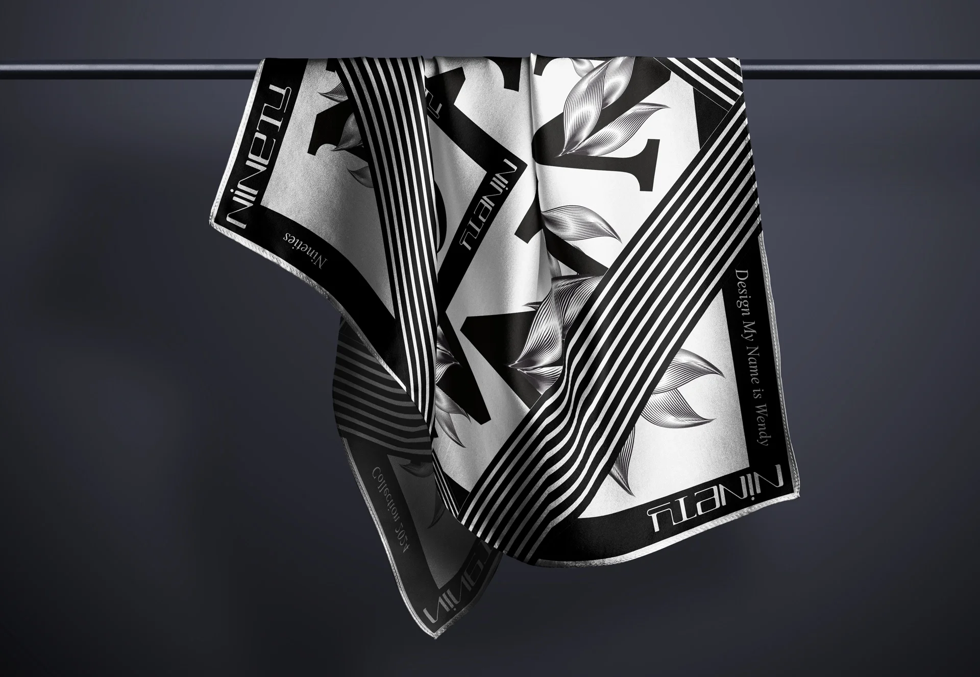 silkscarfdesigns-graphiccreations-designart-fashion Nineties scarf – monogram and bold geometry from the Silk scarves luxe Collection