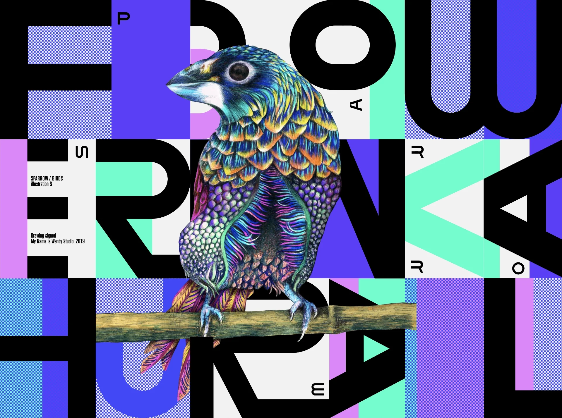 sparrow-art-visual-typedesign Drawing of a sparrow in a graphic and typographic atmosphere using blue, violet and turquoise colors
