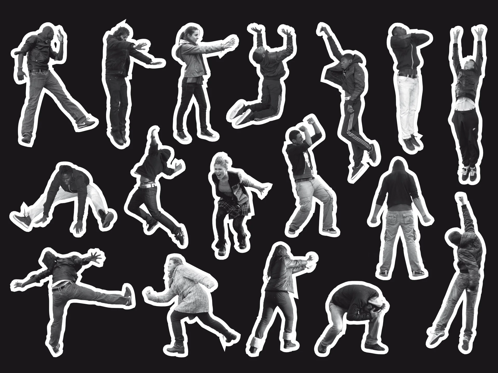 On a black background, page with stickers representing people
