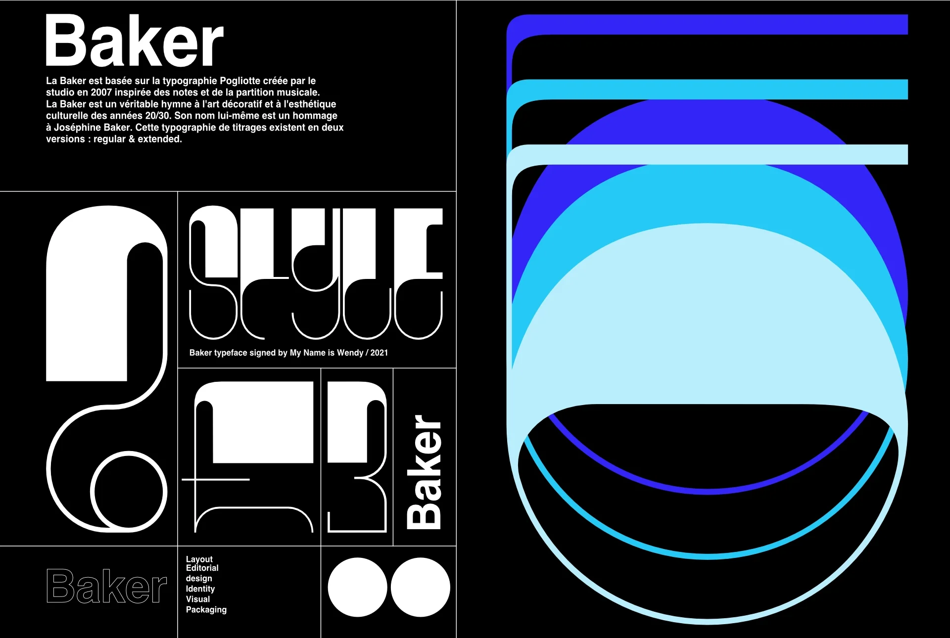 Layout on black background with letters and numbers in blue range