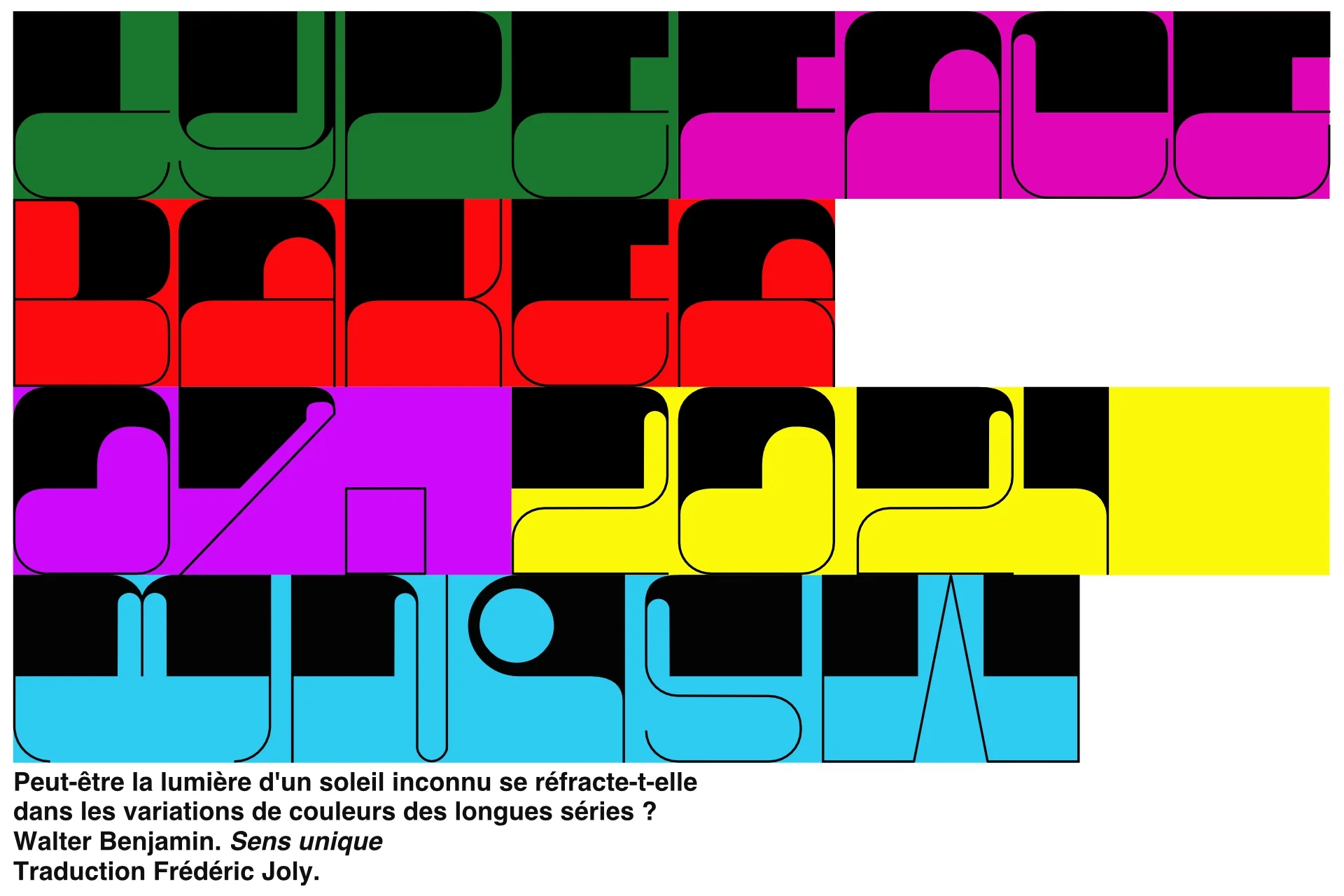 Graphic layout of some sentences in Baker typography with colors and texts